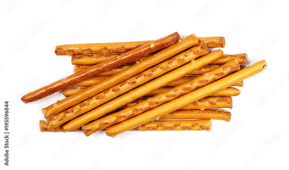 Salty cracker pretzel sticks isolated on white background, top view Salty cracker pretzel sticks isolated on white background, top view