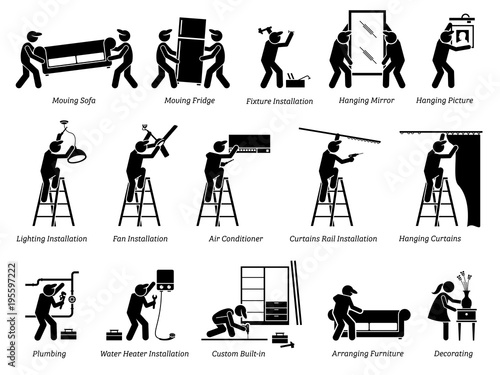Installation of Home Fixtures and House Decorations Icons. Pictogram depicts workers installing home fixtures, moving in furnitures, and decorating the living space.