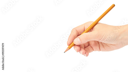 Female hands hold a pencil. Isolated on white background. copy space, template