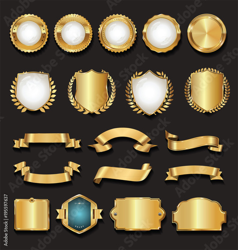 Retro golden ribbons labels and shields vector collection 