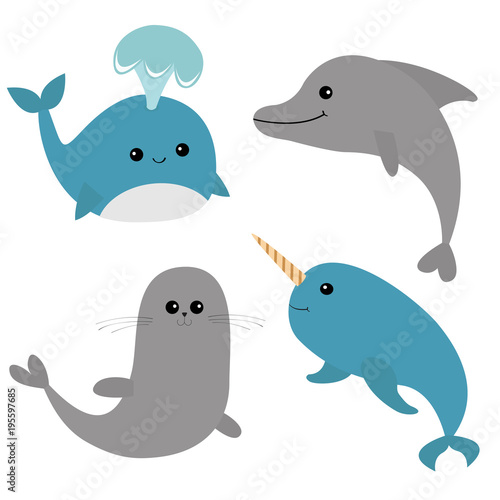 Sea ocean animal fauna set. Blue whale, dolphin, narwhal, seal. Big fish. Water inhabitant. Cute cartoon baby character collection. Isolated. White background Flat design