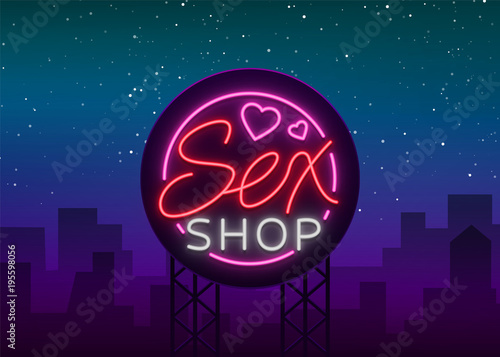 Sex shop logo, emblem in neon style. Neon effect, grocery store, intimate items. Vector illustration. Bright night banner, luminous sign, night sex advertising shop