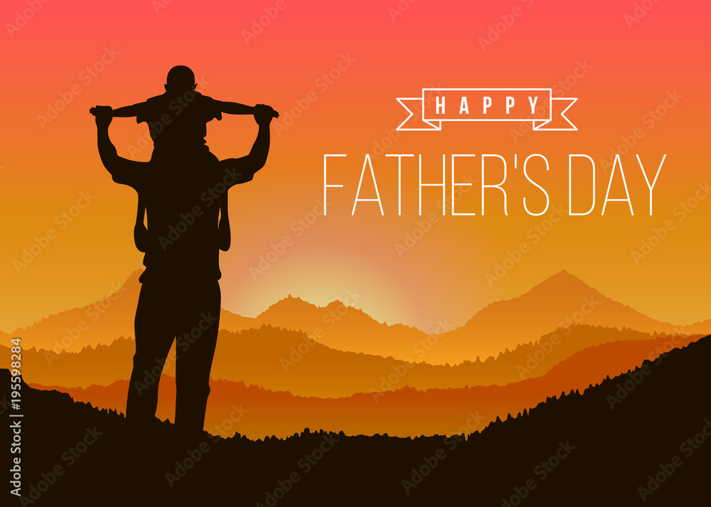 Happy father day with Silhouette son is riding his father's neck at Mountain peaks in evening time vector design - obrazy, fototapety, plakaty 