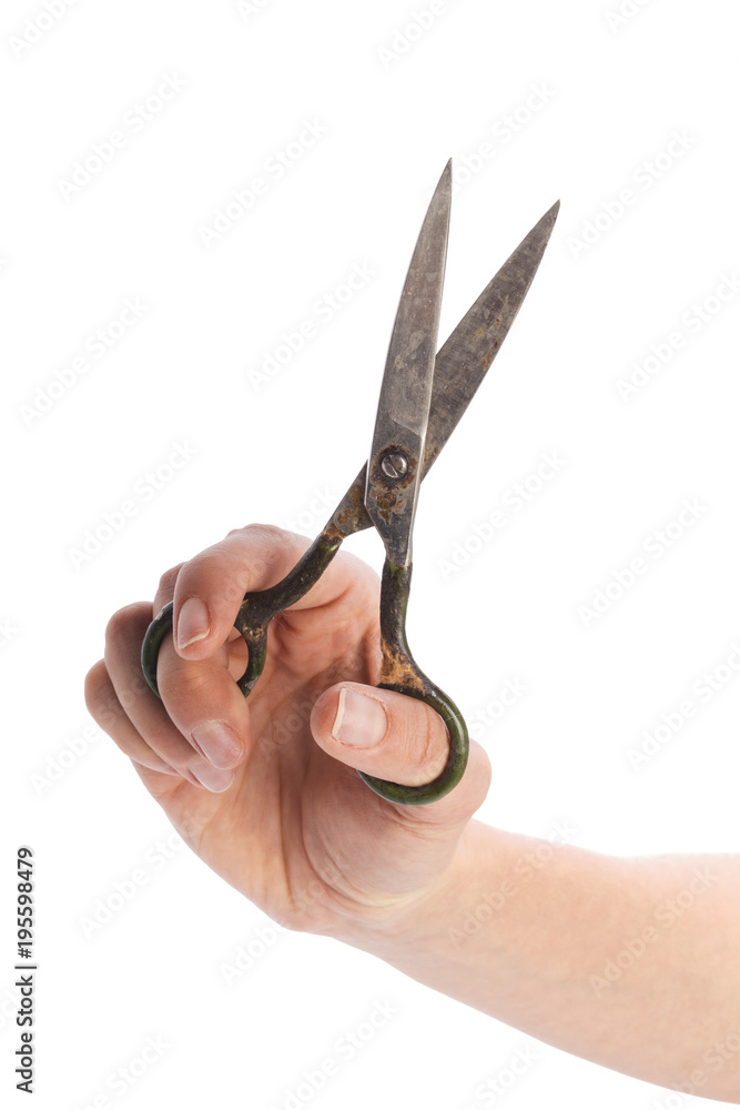 Female hand holding scissors, isolated on white background Female hand holding scissors, isolated on white background