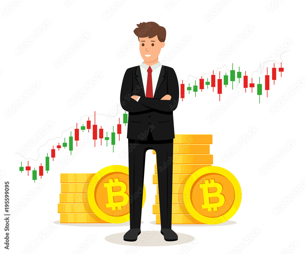 Businessman standing with golden bitcoin coins and trading graph diagram. ICO and cryptocurrency concept. Blockchain network technology. Vector illustration isolated on white background. Businessman standing with golden bitcoin coins and trading graph diagram. ICO and cryptocurrency concept. Blockchain network technology. Vector illustration isolated on white background.