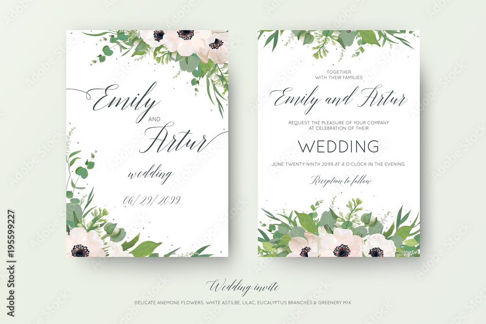 Vector floral wedding double invite, invitation, save the date card design with mauve pink anemones, eucalyptus branches, cute white lilac flowers, greenery plants & leaves. Elegant, delicate template