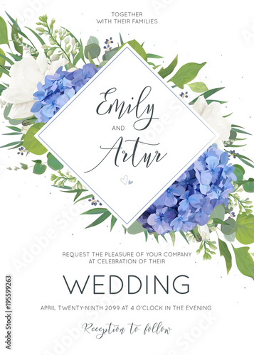 Wedding floral invite, invitation card design with elegant bouquet of blue hy...