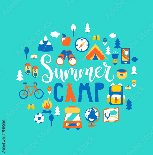 Summer camp concept with handdrawn lettering, Camping and Travelling on holiday with a lot of camping equipment such as tent, backpack and others. Poster in flat style, vector illustration.