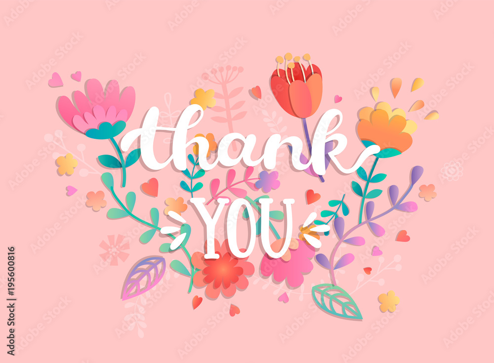 Thank You handwritten inscription with flowers. Vector illustration of hand drawn lettering.