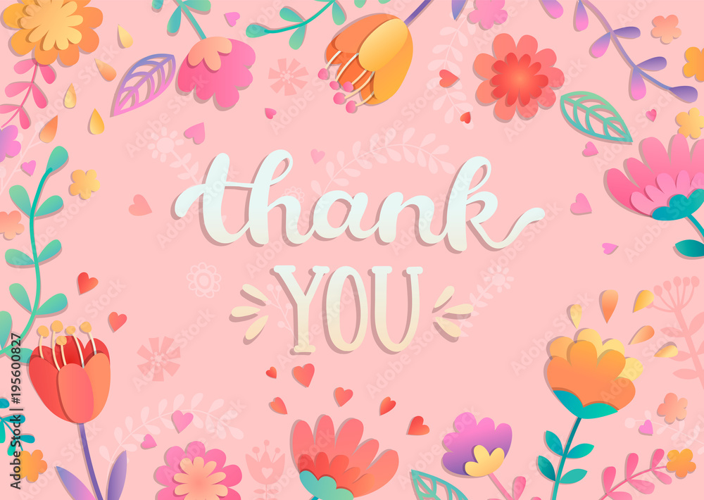 Thank You handwritten lettering surrounded by flowers. Vector illustration of hand drawn lettering.