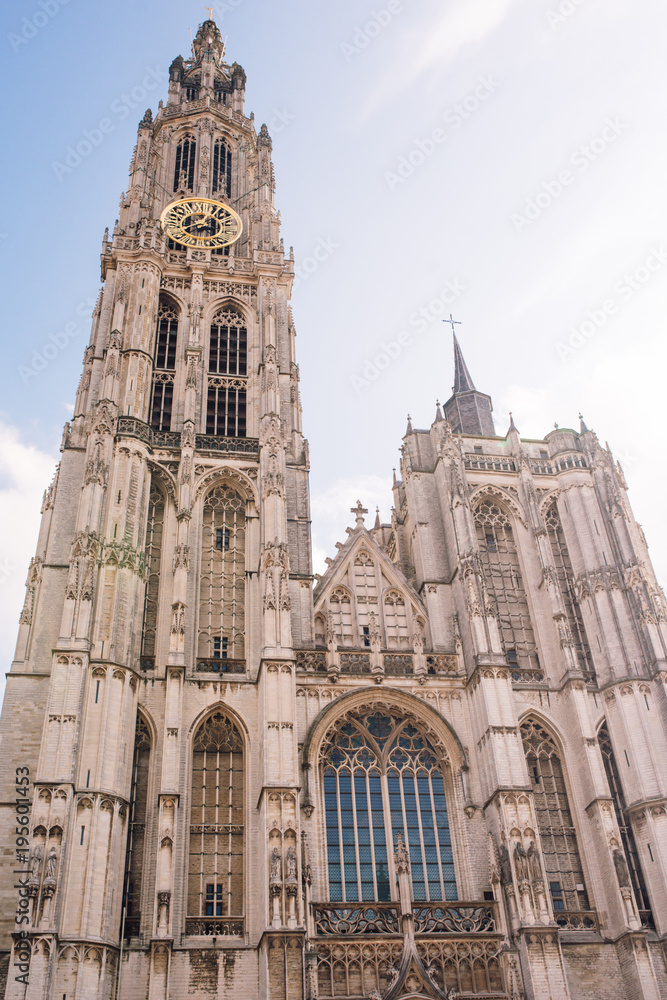Cathedral of Our Lady in Antwerp, Belgium Onze-Lieve-Vrouwekathedraal under clear blue sky in sunny good weather day in autumn