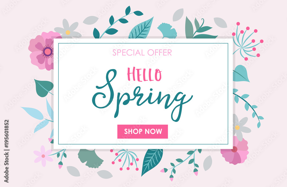 Spring sale - special offer vector illustration with flowers and leaves for campaign banner, design template