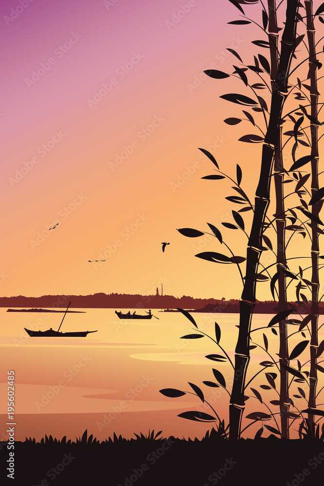 Obraz premium Scenery mobile wallpaper, Nature background with bamboo and river portrait view - vector illustration 
