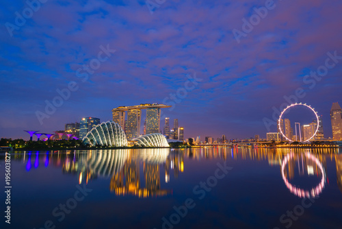 Singapore skyline at during twilight.