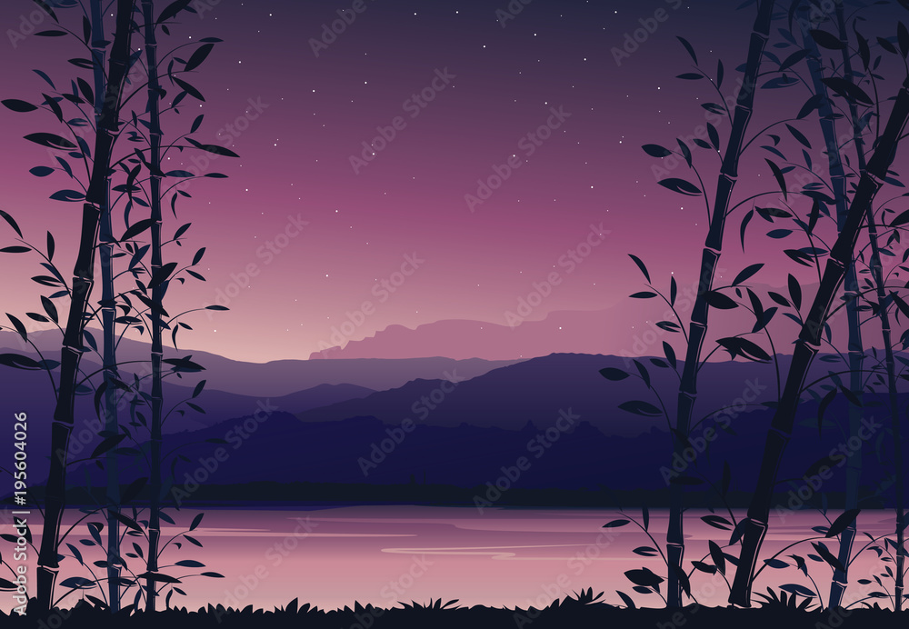 Nature background with bamboo, Colorful sunset, scenery landscape wallpaper - vector illustration Nature background with bamboo, Colorful sunset, scenery landscape wallpaper - vector illustration