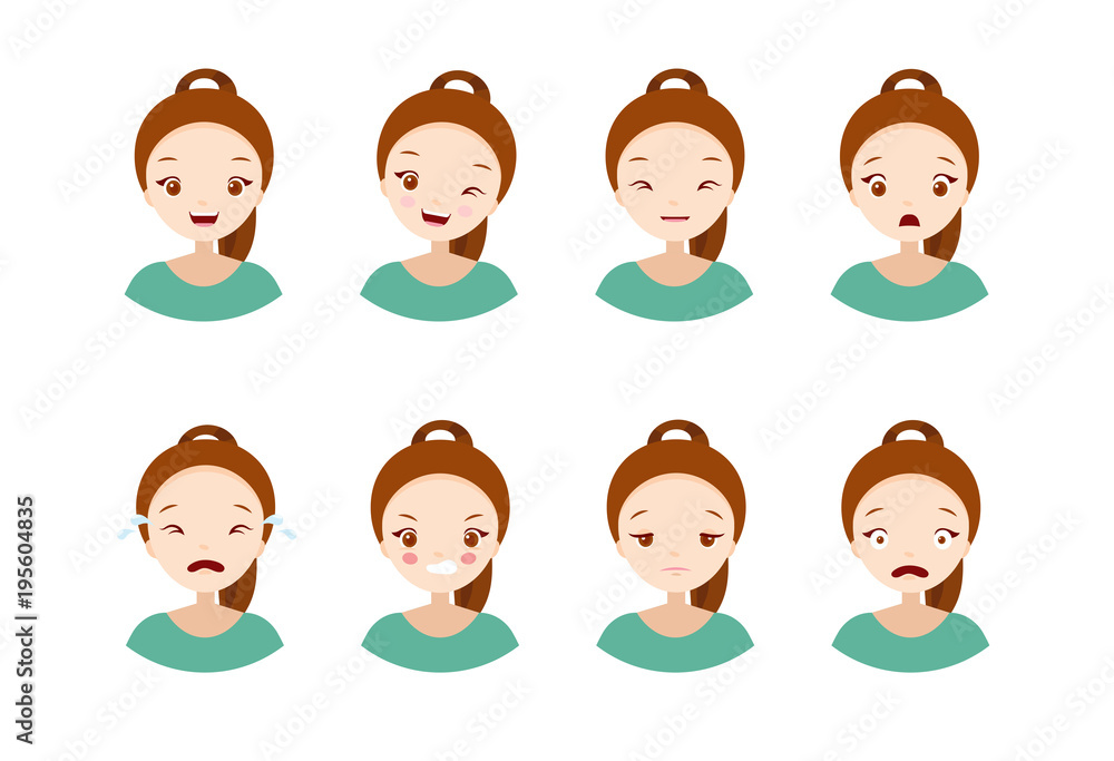 Woman's emotions - collection of a different emotions, happy, sad, angry, scared, crying, tired, cheerful, wink. Vector illustrations with cute cartoon girl Stock Vector | Adobe Stock Woman's emotions - collection of a different emotions, happy, sad, angry, scared, crying, tired, cheerful, wink. Vector illustrations with cute cartoon girl Stock Vector | Adobe Stock