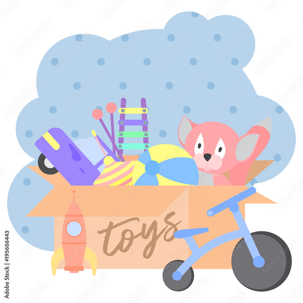 Fototapeta premium Toy Box, full of children s toys including plush toys, Ball, car, rocket, bike, whirligig, xylophone .Vector flat illustration cartoon.