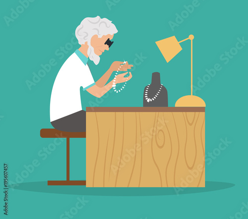 Jeweler at work. Working place,