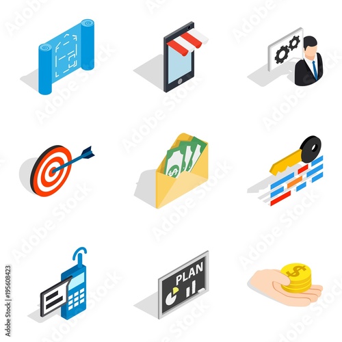 Entrepreneurial idea icons set, isometric style