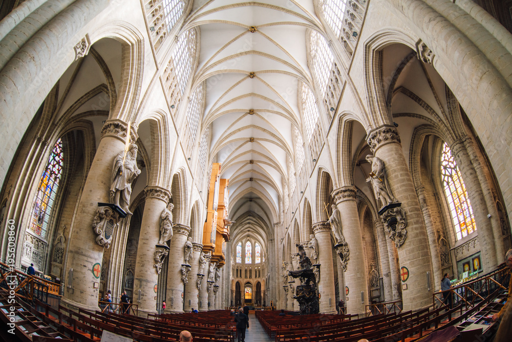 interior of the Gothic Cathedral. Michael and St. Gudula, Belgium, Brussels, Europe.