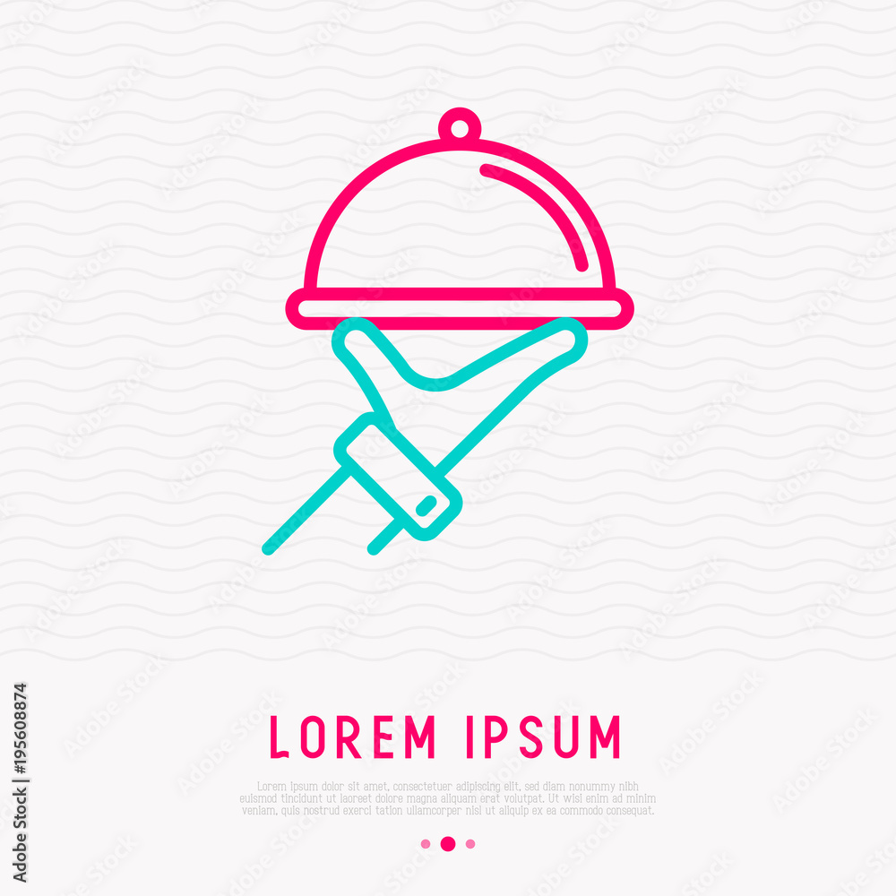 Covered food tray in hand thin line icon. Modern vector illustration of food delivery, restaurant, cafe. Covered food tray in hand thin line icon. Modern vector illustration of food delivery, restaurant, cafe.