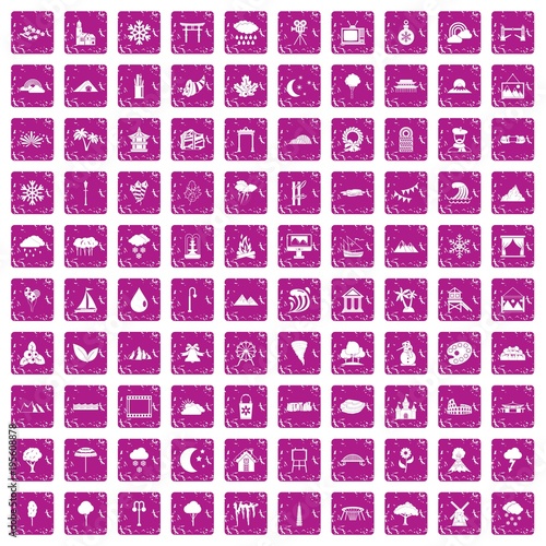 100 scenery icons set grunge pink