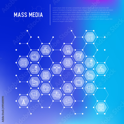 Mass media concept in honeycombs with thin line icons: journalist, newspaper, article, blog, report, radio, internet, interview, video, photo. Modern vector illustration for print media, web page.