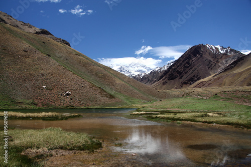 dolina z jeziorem i pasmo górskie andów z najwyższym szczytem Aconcagua w tle