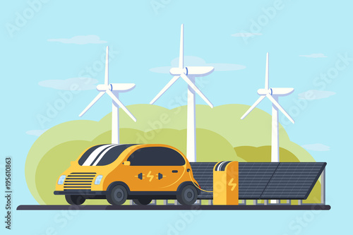 The electric machine is charged from the charging station which is powered by an ecologically clean energy. Solar panels and wind generators. Eco green energy.