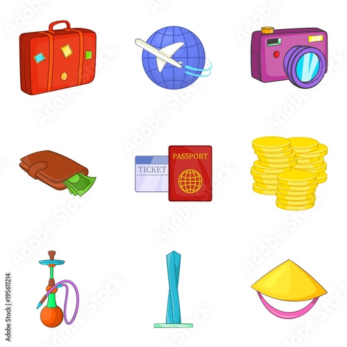 Worldwide journey icons set, cartoon style