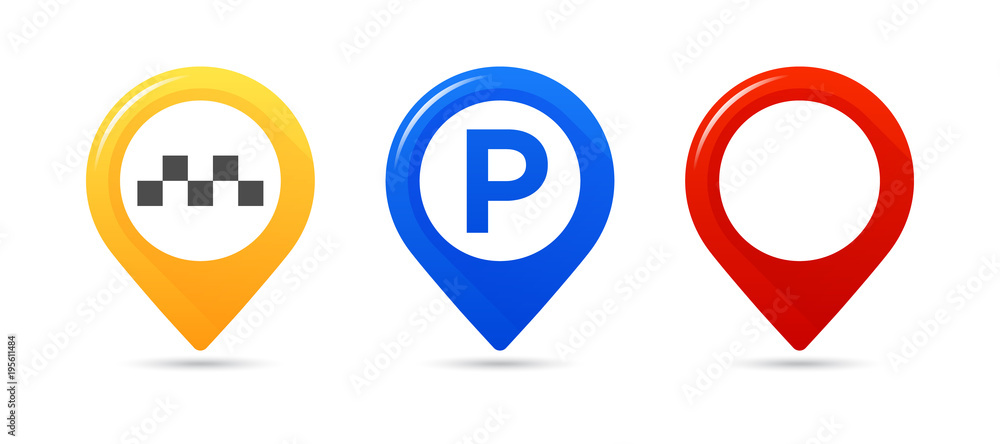 Colourful map pointers. Map pointer, map parking pointer, map taxi pointer. Colourful map pointers. Map pointer, map parking pointer, map taxi pointer.
