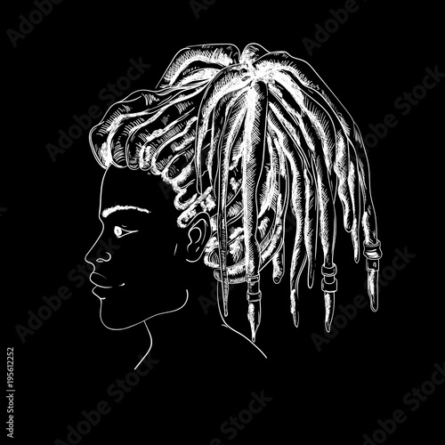 Portrait of woman with dreadlocks in profile. Black and white vector illustration in sketch style