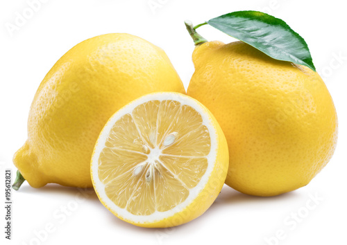 Ripe lemon fruits with lemon leaf on the white background.