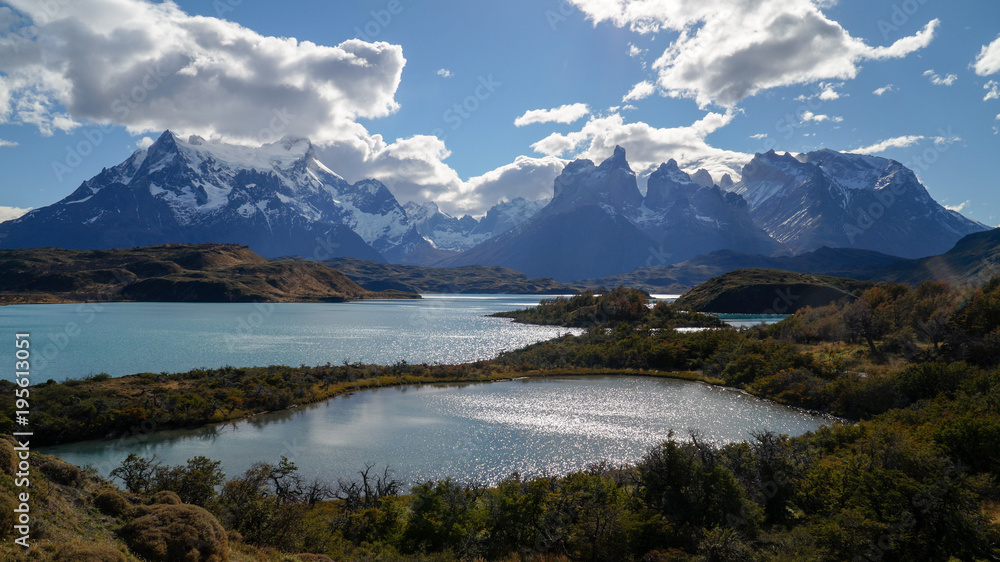 View over the lake towards the Mountains in Torres del Paine, Chile.