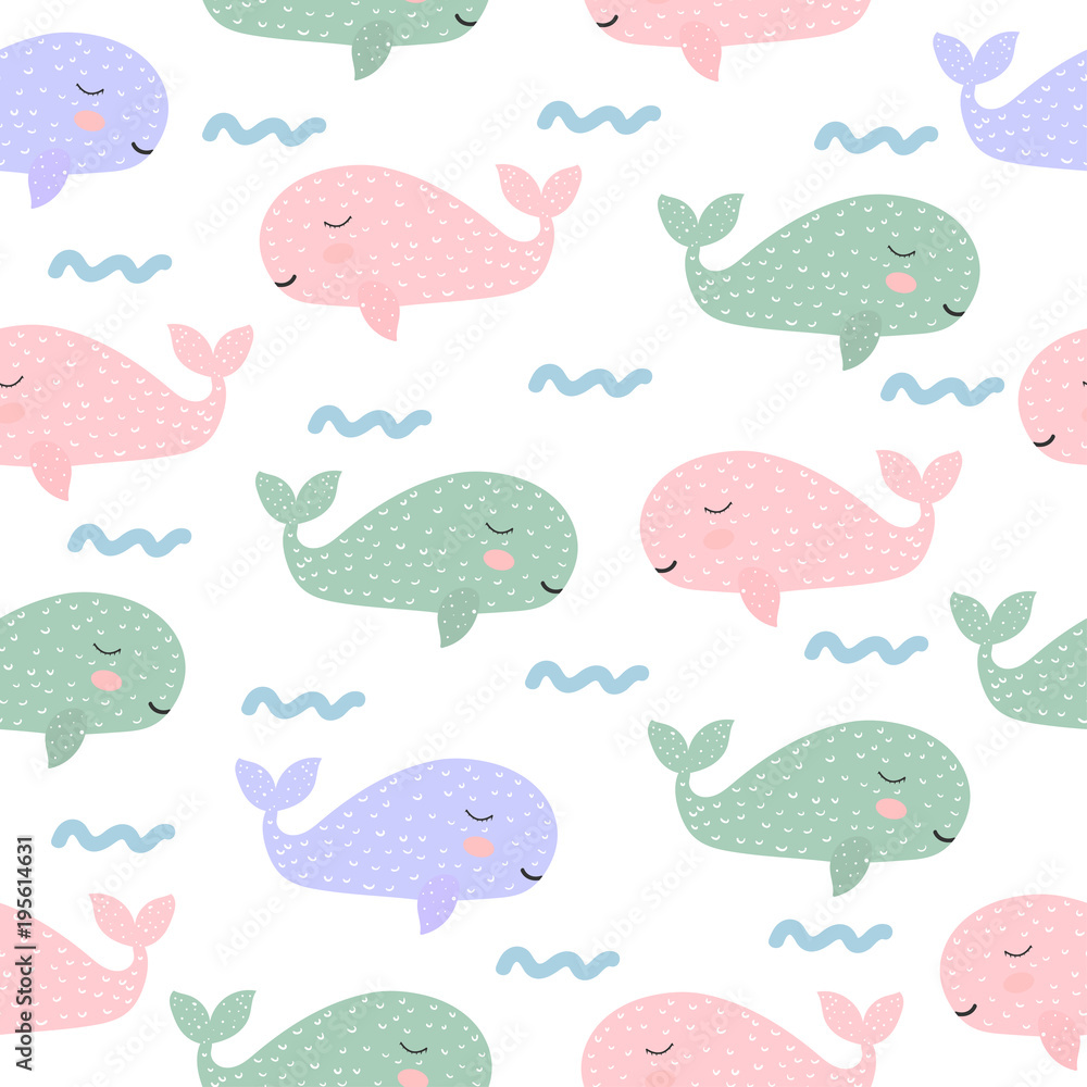 Seamless pattern. Whale. Magic. Cute. children's adventure. Logo. Print. Card. Scandinavian style. For your design.