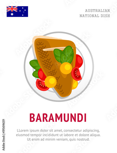 Baramundi. Traditional australian dish. View from above. Vector flat illustration.