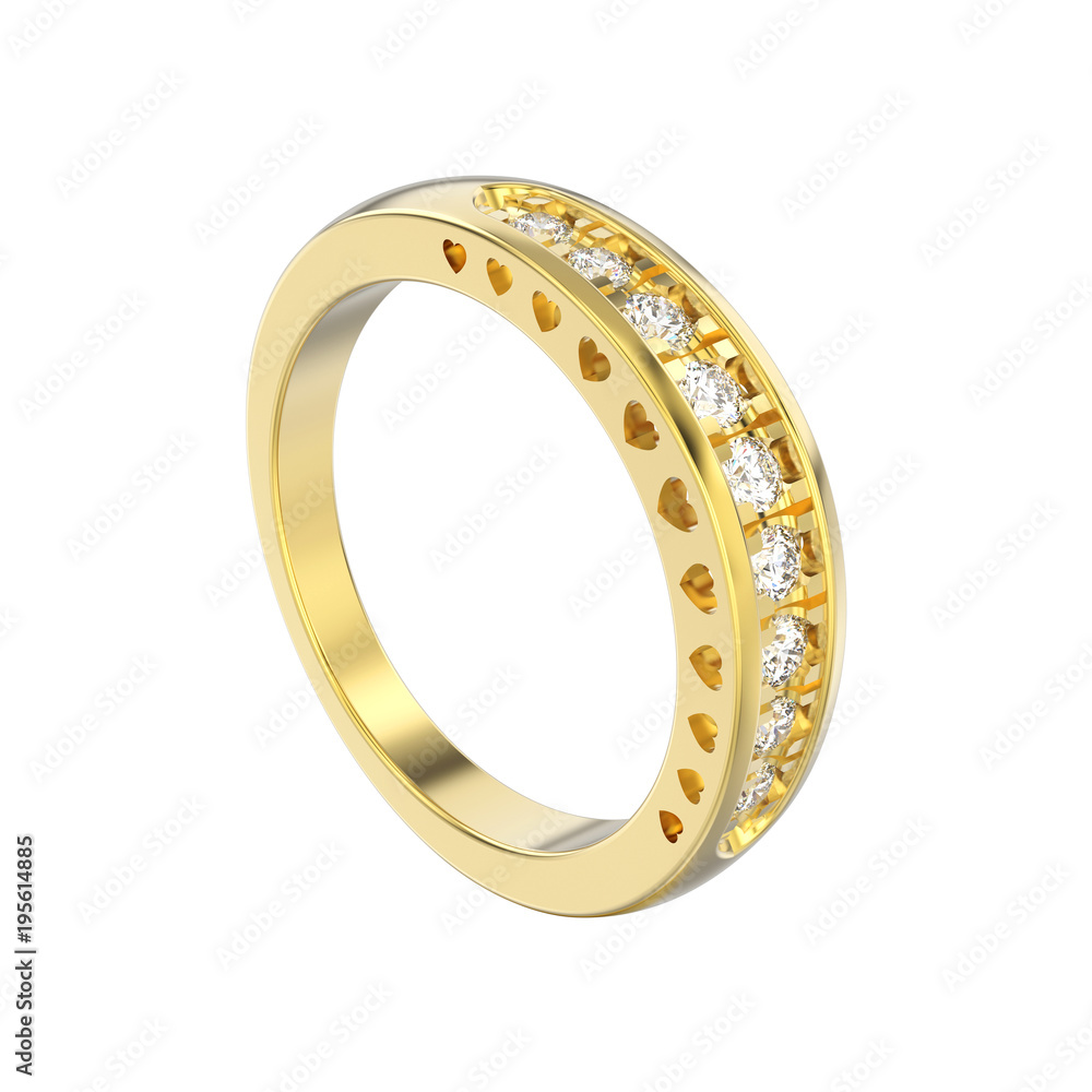 3D illustration isolated yyellow gold decorative diamond ring with hearts ornament 3D illustration isolated yyellow gold decorative diamond ring with hearts ornament