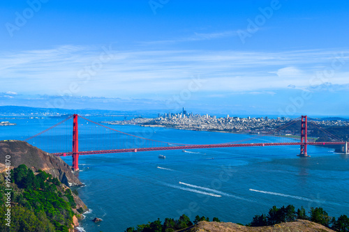 Amazing view over Golden Bridge, San Francisco Skylinge in background, California, USA