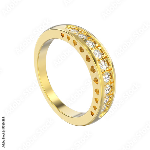 3D illustration isolated yyellow gold decorative diamond ring with hearts ornament