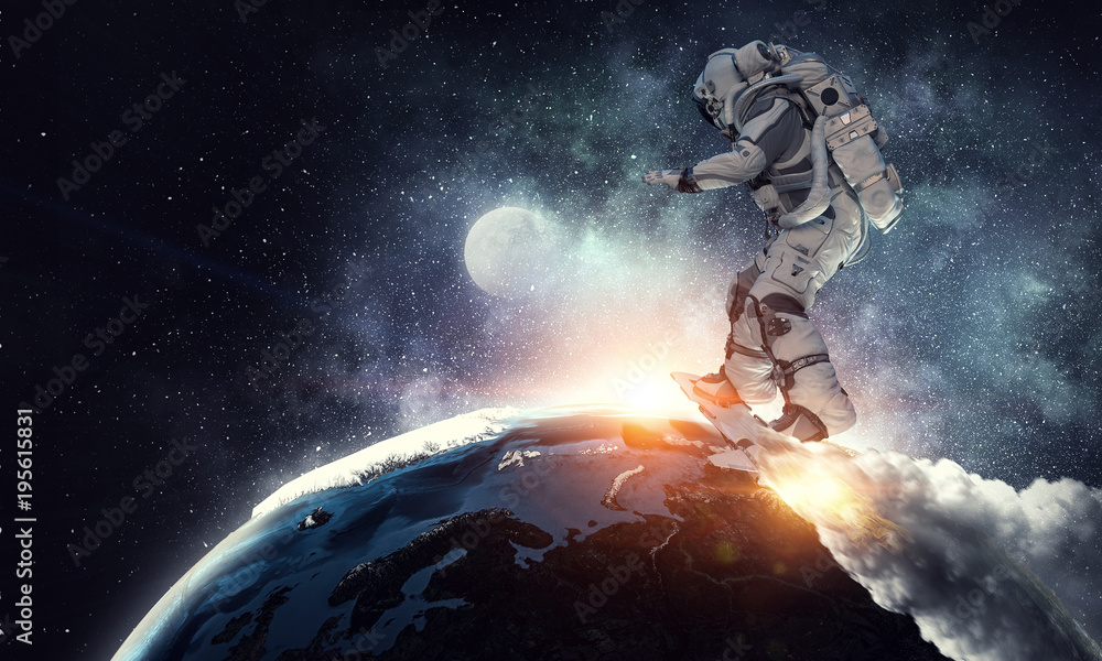 Obraz premium Spaceman on flying board. Mixed media