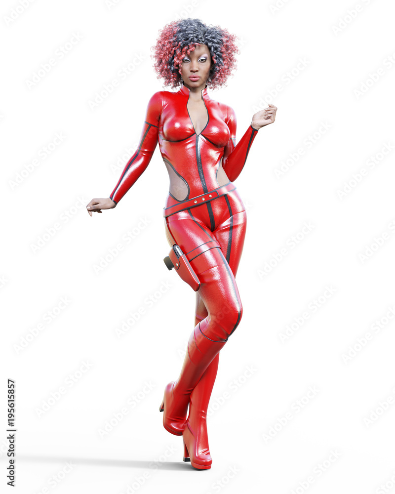 3D beautiful tall woman leather red bodysuit.Latex tight fitting suit.Gun in holster.Girl studio photography.High heel.Conceptual fashion art.Seductive candid pose.Realistic render illustration. 3D beautiful tall woman leather red bodysuit.Latex tight fitting suit.Gun in holster.Girl studio photography.High heel.Conceptual fashion art.Seductive candid pose.Realistic render illustration.