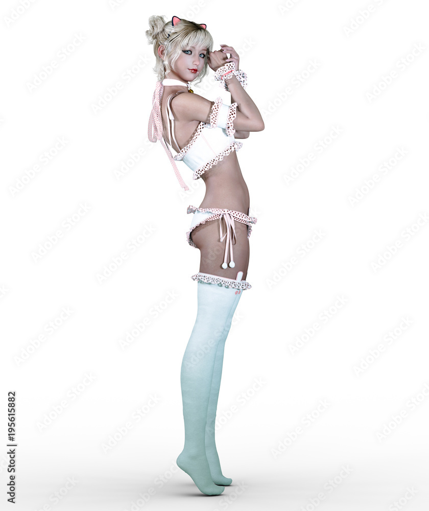 3D beautiful attractive japanese girl in white bustier and stockings. Cat girl. Woman studio photography. High heel. Conceptual fashion art. Seductive candid pose. Realistic render illustration. 3D beautiful attractive japanese girl in white bustier and stockings. Cat girl. Woman studio photography. High heel. Conceptual fashion art. Seductive candid pose. Realistic render illustration.