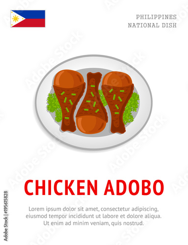 Chicken adobo. National filipino dish. View from above. Vector flat illustration.