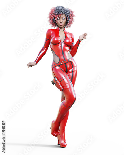 3D beautiful tall woman leather red bodysuit.Latex tight fitting suit.Gun in holster.Girl studio photography.High heel.Conceptual fashion art.Seductive candid pose.Realistic render illustration. 
