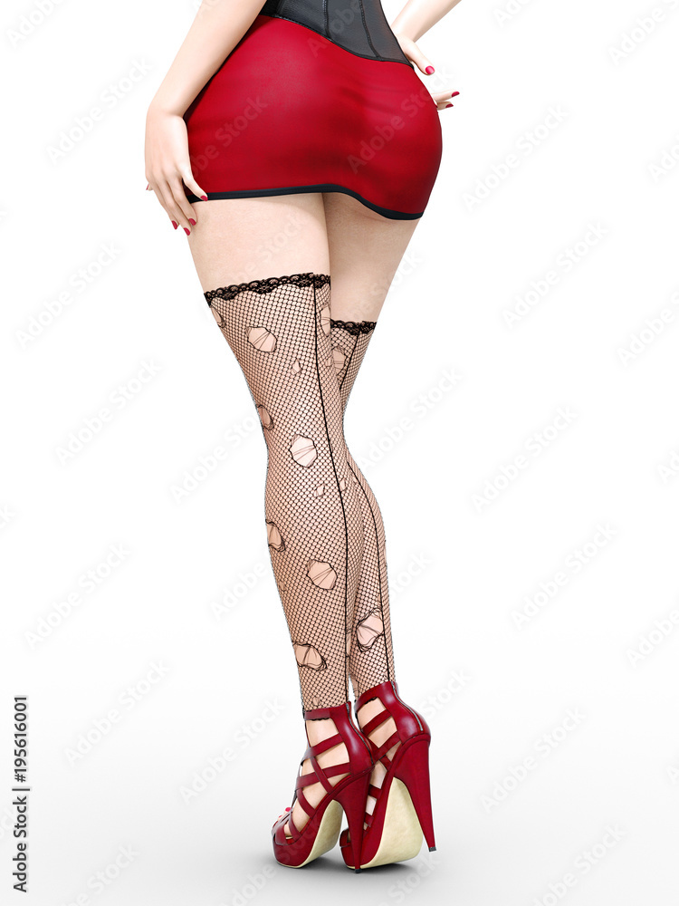 Long slender sexy legs woman.Short red skirt.Black stockings mesh.High heels.Office  secretary.Provocative liberated pose.3D rendering.Isolate.Conceptual  fashion art.Collection summer clothes ilustración de Stock | Adobe Stock