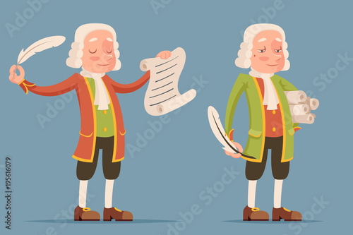 Peruke wig scroll writing feather chronicler writer scribe playwright noble medieval aristocrat mascot icon cartoon design vector illustration