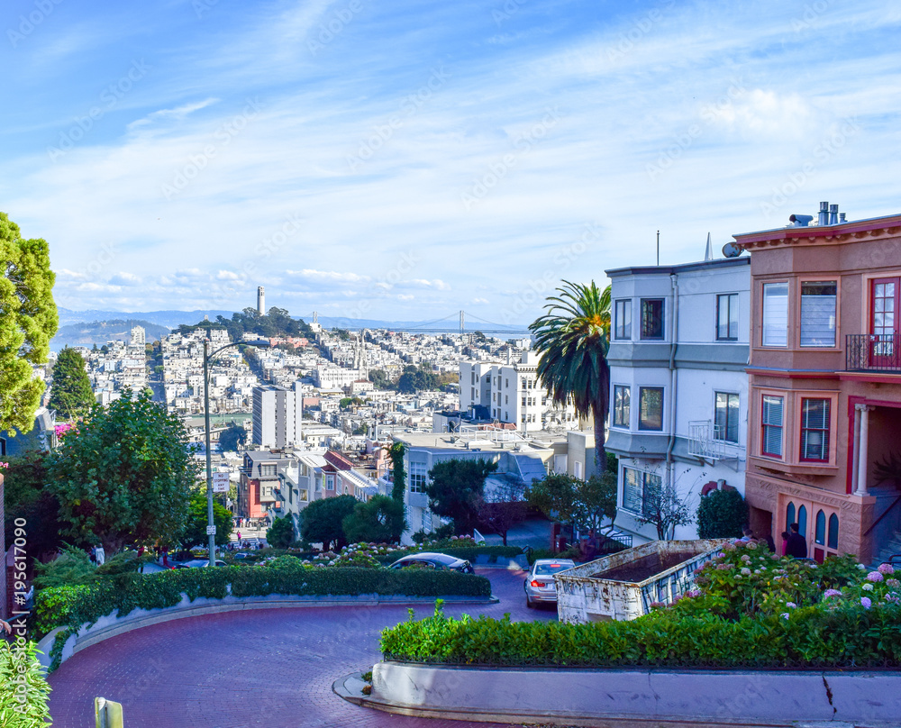 Lombard street view over city of San Francisco, lots of coloured houses