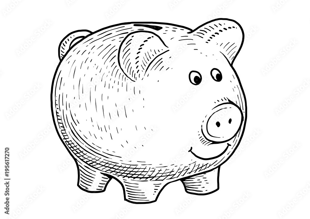 Piggy bank illustration, drawing, engraving, ink, line art, vector