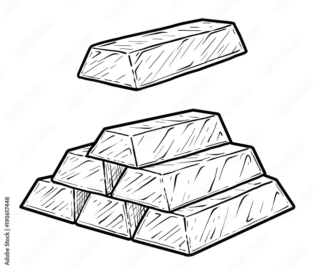 Gold bar illustration, drawing, engraving, ink, line art, vector Stock