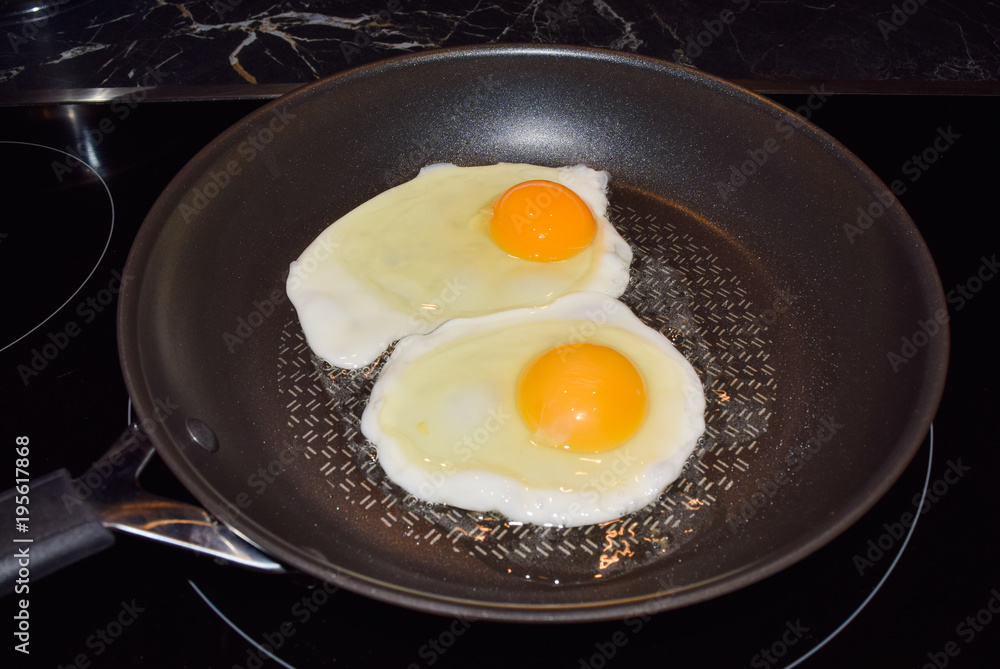 Two fried eggs in a pan, sunny side up fried eggs for breakfast Two fried eggs in a pan, sunny side up fried eggs for breakfast